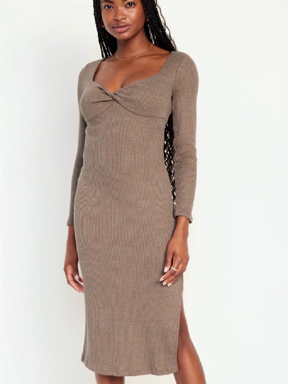 Old Navy Light Beige Long Sleeve Twist-Front Ribbed Midi Dress - Picture 2 of 2